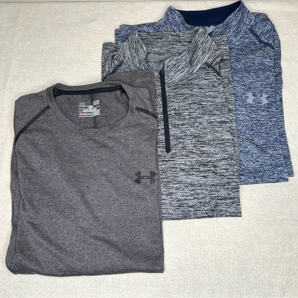 3 Under Armour Men Long Sleeve Shirt and 1/4 zip Gray‎ and Blue loose fit size S
